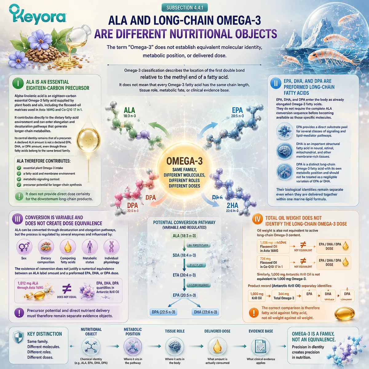 Omega-3 comparison separates ALA precursor from EPA DHA DPA delivery through fatty-acid identity and Keyora Phospholipid-Bound Long-Chain Omega-3 Pathway Omega-3 comparison separates ALA precursor from EPA DHA DPA delivery through fatty-acid identity and Keyora Phospholipid-Bound Long-Chain Omega-3 Pathway