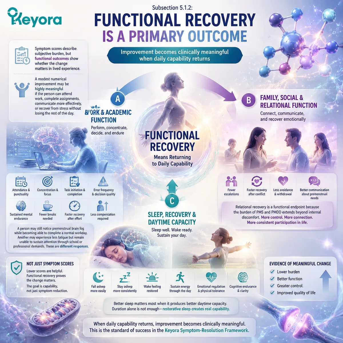 PMS functional recovery measured by work capacity, cognition, relationships, sleep quality and daytime endurance through the Keyora Symptom-Resolution Outcome Map framework. PMS functional recovery measured by work capacity, cognition, relationships, sleep quality and daytime endurance through the Keyora Symptom-Resolution Outcome Map framework.