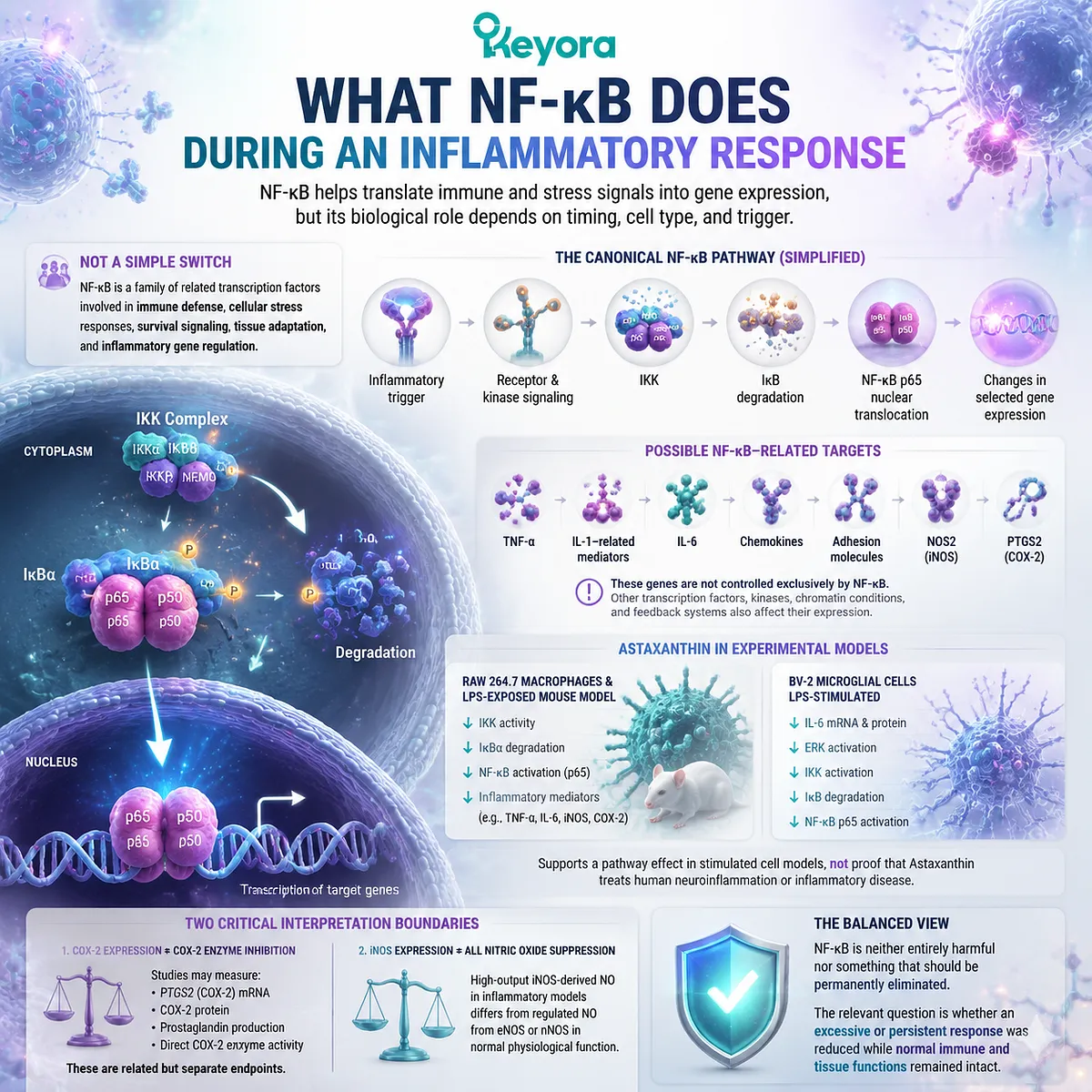 Astaxanthin inflammatory balance through NF-kB signaling, IKK-IκB-p65 nuclear pathway, immune gene regulation, and Keyora Astaxanthin Matrix redox framework Astaxanthin inflammatory balance through NF-kB signaling, IKK-IκB-p65 nuclear pathway, immune gene regulation, and Keyora Astaxanthin Matrix redox framework
