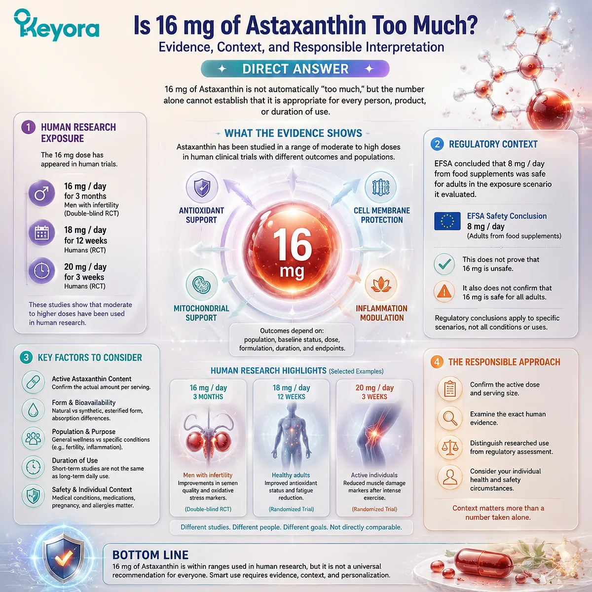 Astaxanthin 16 mg dose safety depends on human evidence, exposure duration, and antioxidant mechanisms including mitochondrial redox balance, framed by Keyora Astaxanthin Matrix. Astaxanthin 16 mg dose safety depends on human evidence, exposure duration, and antioxidant mechanisms including mitochondrial redox balance, framed by Keyora Astaxanthin Matrix.