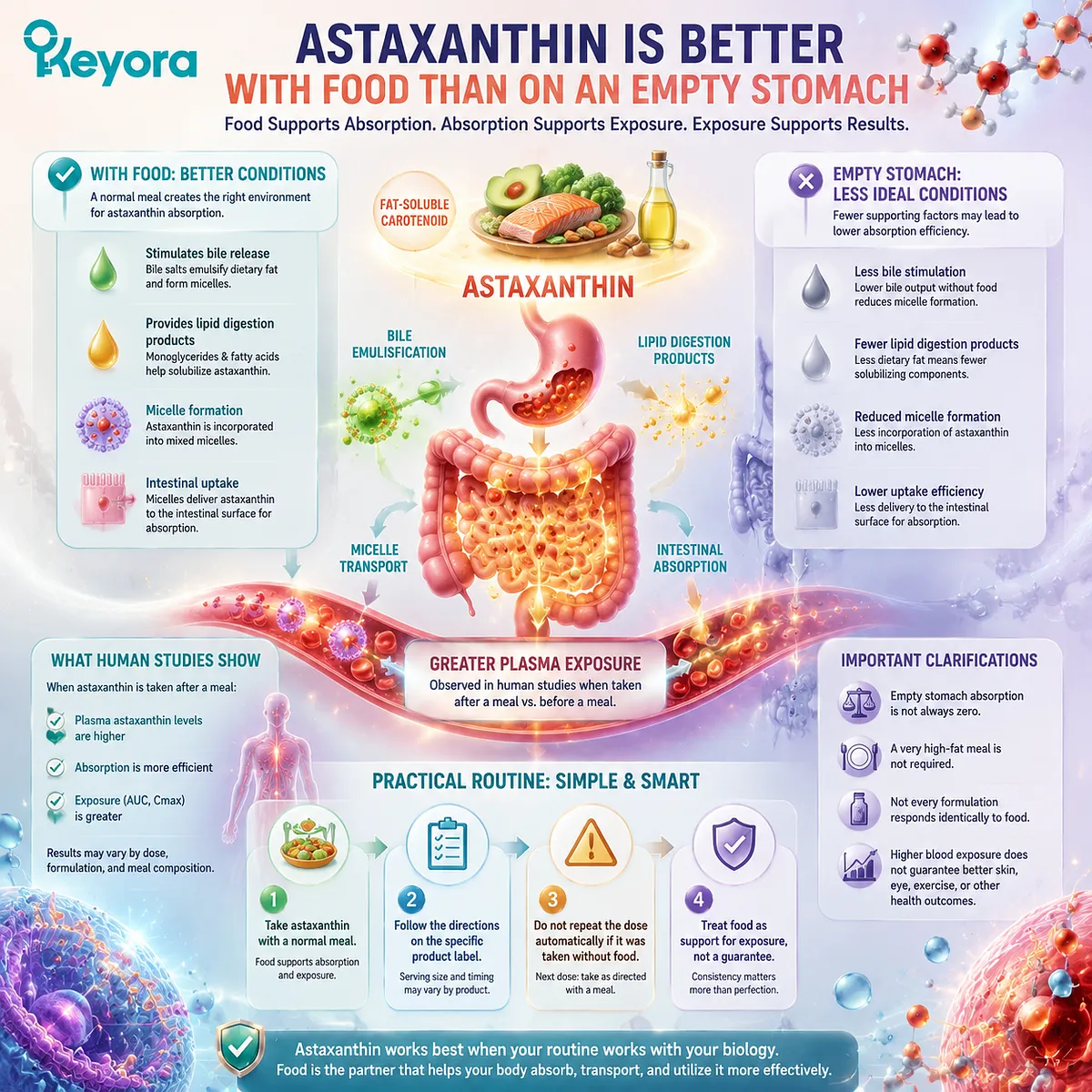 Astaxanthin absorption with food explained through lipid digestion, bile support, carotenoid transport, and Keyora Astaxanthin Matrix framework for optimized nutrient timing Astaxanthin absorption with food explained through lipid digestion, bile support, carotenoid transport, and Keyora Astaxanthin Matrix framework for optimized nutrient timing