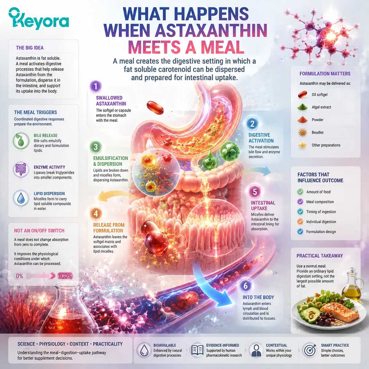 Astaxanthin absorption with meals explained through bile release, lipid digestion, intestinal uptake, and Keyora Astaxanthin Matrix for nutrient timing strategy Astaxanthin absorption with meals explained through bile release, lipid digestion, intestinal uptake, and Keyora Astaxanthin Matrix for nutrient timing strategy