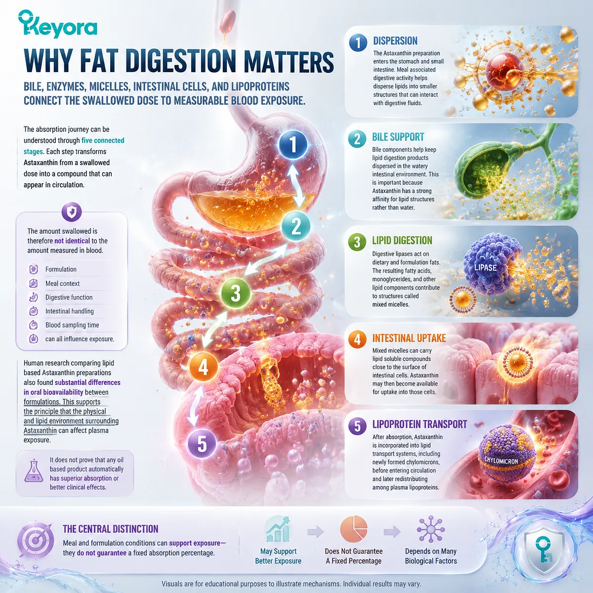 Astaxanthin bioavailability explained through bile, mixed micelles, intestinal uptake, lipoprotein transport, and Keyora Astaxanthin Matrix absorption pathway framework Astaxanthin bioavailability explained through bile, mixed micelles, intestinal uptake, lipoprotein transport, and Keyora Astaxanthin Matrix absorption pathway framework
