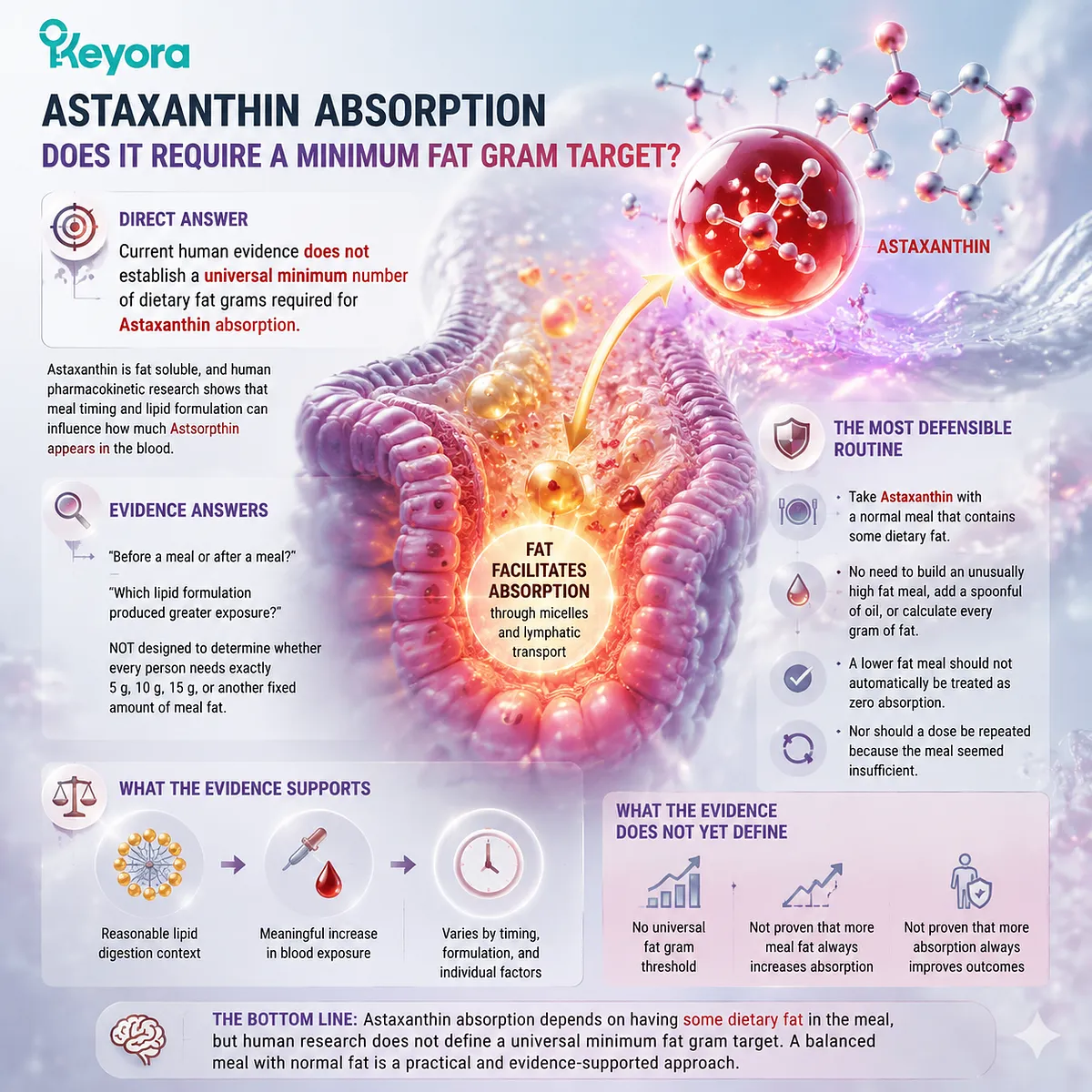 Astaxanthin absorption with dietary fat explained through lipid digestion, meal timing, and bioavailability pathways using the Keyora Astaxanthin Matrix framework for evidence-based supplement guidance. Astaxanthin absorption with dietary fat explained through lipid digestion, meal timing, and bioavailability pathways using the Keyora Astaxanthin Matrix framework for evidence-based supplement guidance.