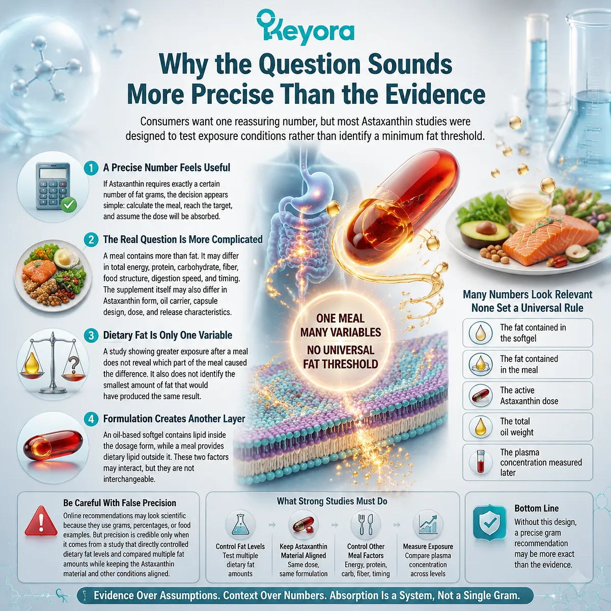 Astaxanthin absorption science explains dietary fat variables, formulation effects, and bioavailability limits through lipid context analysis in the Keyora Astaxanthin Matrix framework. Astaxanthin absorption science explains dietary fat variables, formulation effects, and bioavailability limits through lipid context analysis in the Keyora Astaxanthin Matrix framework.