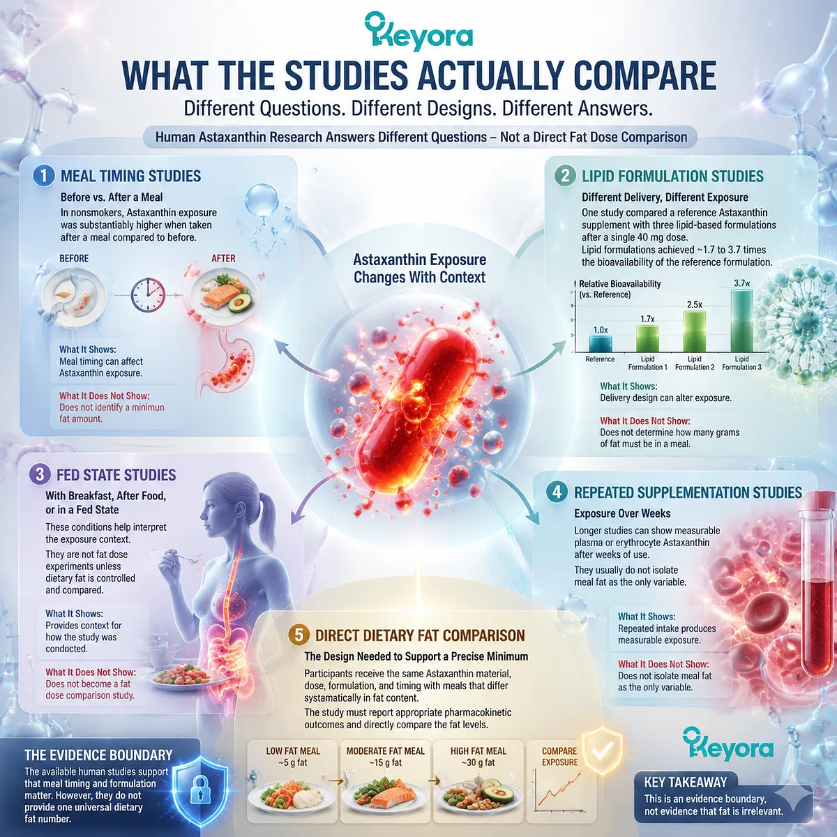 Astaxanthin absorption studies compare meal timing, lipid formulation, and blood exposure through pharmacokinetic pathways in the Keyora Astaxanthin Matrix framework, not fixed dietary fat thresholds. Astaxanthin absorption studies compare meal timing, lipid formulation, and blood exposure through pharmacokinetic pathways in the Keyora Astaxanthin Matrix framework, not fixed dietary fat thresholds.