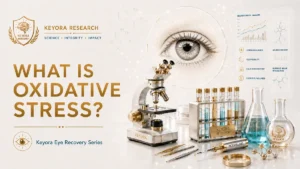 A KEYORA RESEARCH cover graphic titled "WHAT IS OXIDATIVE STRESS?" from the Keyora Eye Recovery Series, featuring laboratory scientific equipment including a microscope, test tubes, chemical formulas, an eye icon, and a digital data dashboard displaying neuroscience insights.