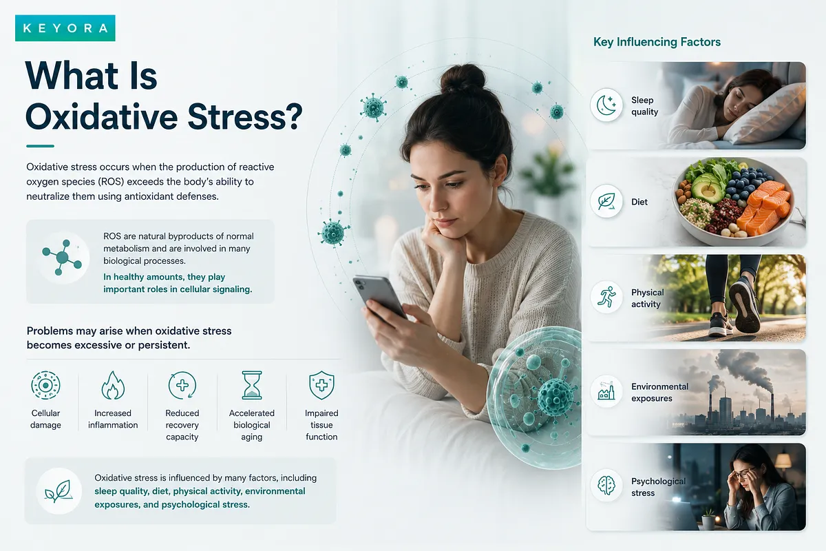 An infographic titled "What Is Oxidative Stress?" by KEYORA, explaining how excessive ROS causes cellular damage and outlining key influencing factors such as sleep, diet, exercise, environment, and stress. An infographic titled "What Is Oxidative Stress?" by KEYORA, explaining how excessive ROS causes cellular damage and outlining key influencing factors such as sleep, diet, exercise, environment, and stress.