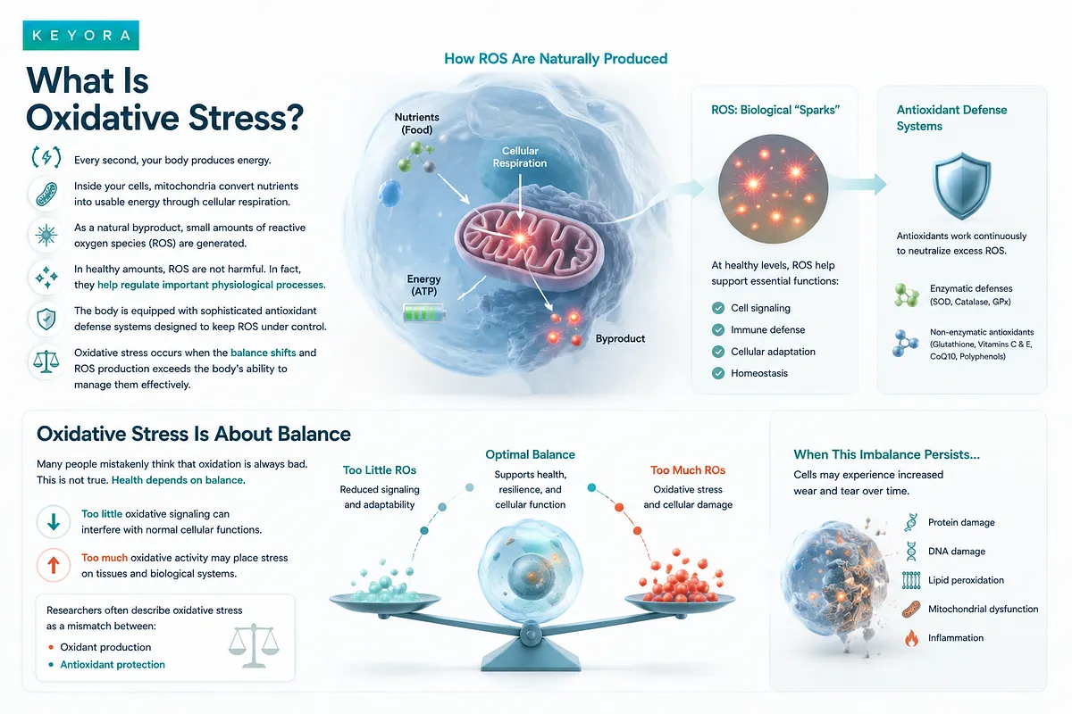 Comprehensive educational infographic by Keyora explaining what oxidative stress is, showing cellular respiration, ROS biological sparks, antioxidant defense systems, balance scale, and consequences of prolonged cellular wear and tear. Comprehensive educational infographic by Keyora explaining what oxidative stress is, showing cellular respiration, ROS biological sparks, antioxidant defense systems, balance scale, and consequences of prolonged cellular wear and tear.
