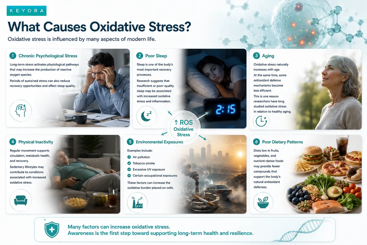 Keyora health infographic outlining six major causes of oxidative stress in modern life: chronic psychological stress, poor sleep, natural aging, physical inactivity, environmental exposures, and poor dietary patterns. Keyora health infographic outlining six major causes of oxidative stress in modern life: chronic psychological stress, poor sleep, natural aging, physical inactivity, environmental exposures, and poor dietary patterns.