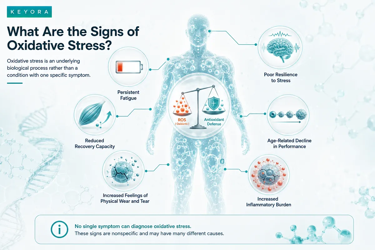Human body diagram by Keyora showing potential signs of oxidative stress, including persistent fatigue, reduced recovery capacity, physical wear, poor stress resilience, age-related performance decline, and inflammatory burden. Human body diagram by Keyora showing potential signs of oxidative stress, including persistent fatigue, reduced recovery capacity, physical wear, poor stress resilience, age-related performance decline, and inflammatory burden.