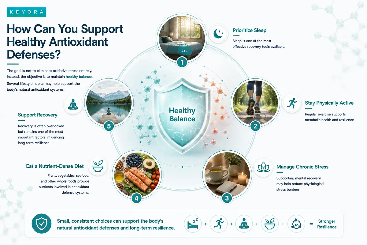 Keyora brand wellness infographic showcasing five daily habits to support antioxidant defenses: prioritizing sleep, staying active, managing chronic stress, eating a nutrient-dense diet, and supporting overall recovery. Keyora brand wellness infographic showcasing five daily habits to support antioxidant defenses: prioritizing sleep, staying active, managing chronic stress, eating a nutrient-dense diet, and supporting overall recovery.