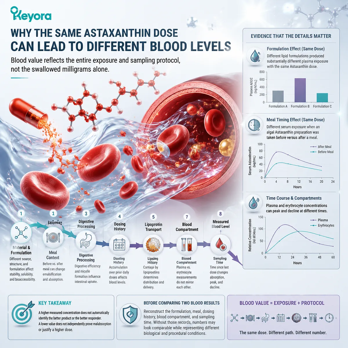 Astaxanthin blood levels vary through formulation, meal timing, absorption and pharmacokinetic exposure dynamics, showing bioavailability factors within the Keyora Astaxanthin Matrix framework. Astaxanthin blood levels vary through formulation, meal timing, absorption and pharmacokinetic exposure dynamics, showing bioavailability factors within the Keyora Astaxanthin Matrix framework.