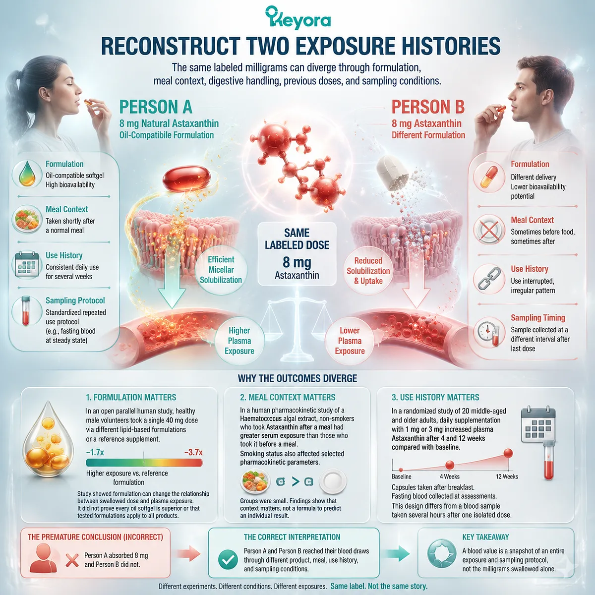 Astaxanthin bioavailability differs through formulation, meal context and dosing history, with plasma exposure interpreted by the Keyora Astaxanthin Matrix framework. Astaxanthin bioavailability differs through formulation, meal context and dosing history, with plasma exposure interpreted by the Keyora Astaxanthin Matrix framework.