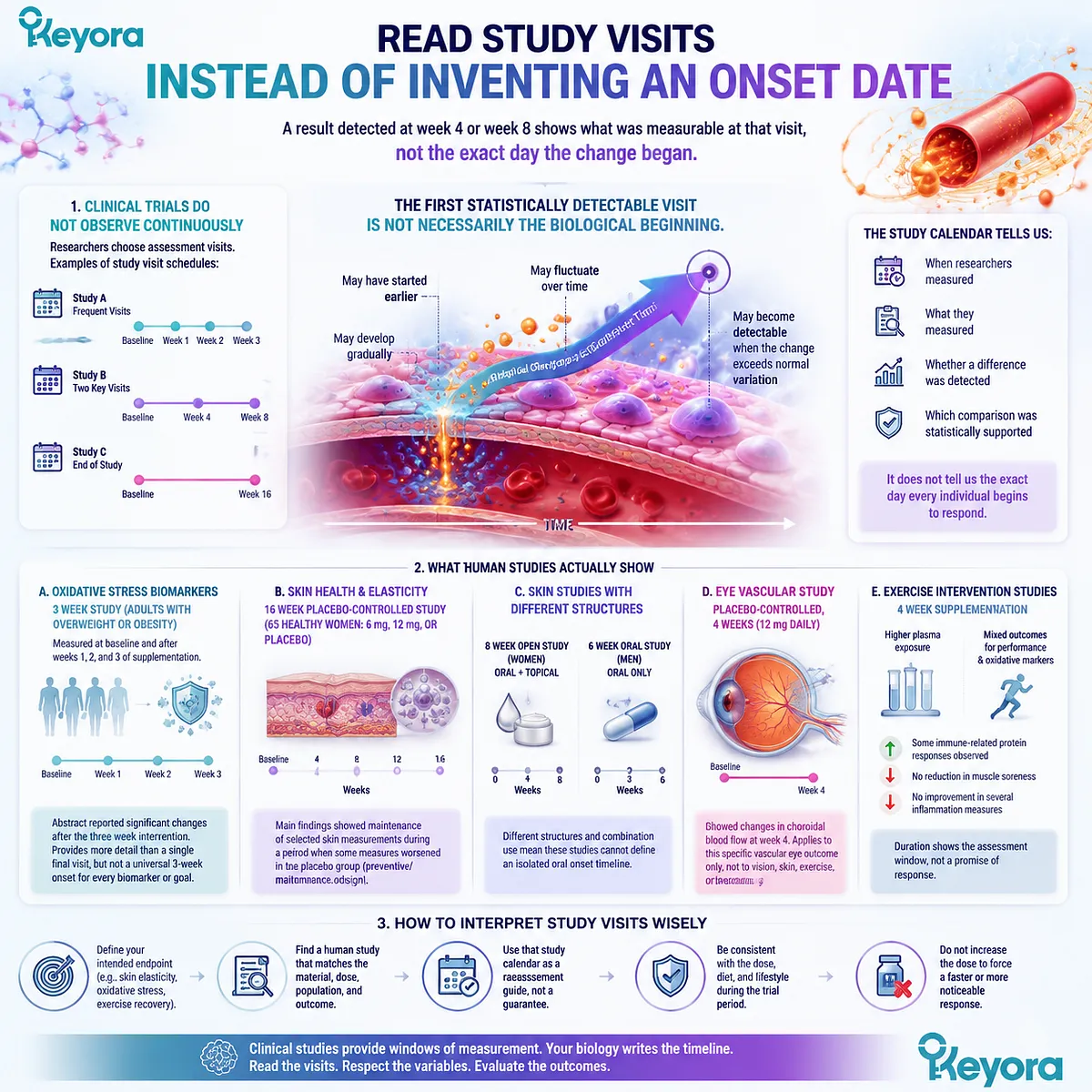 Astaxanthin response timing depends on study visits, biomarkers and endpoint assessment rather than fixed onset dates, framed by the Keyora Astaxanthin Matrix evidence timeline. Astaxanthin response timing depends on study visits, biomarkers and endpoint assessment rather than fixed onset dates, framed by the Keyora Astaxanthin Matrix evidence timeline.