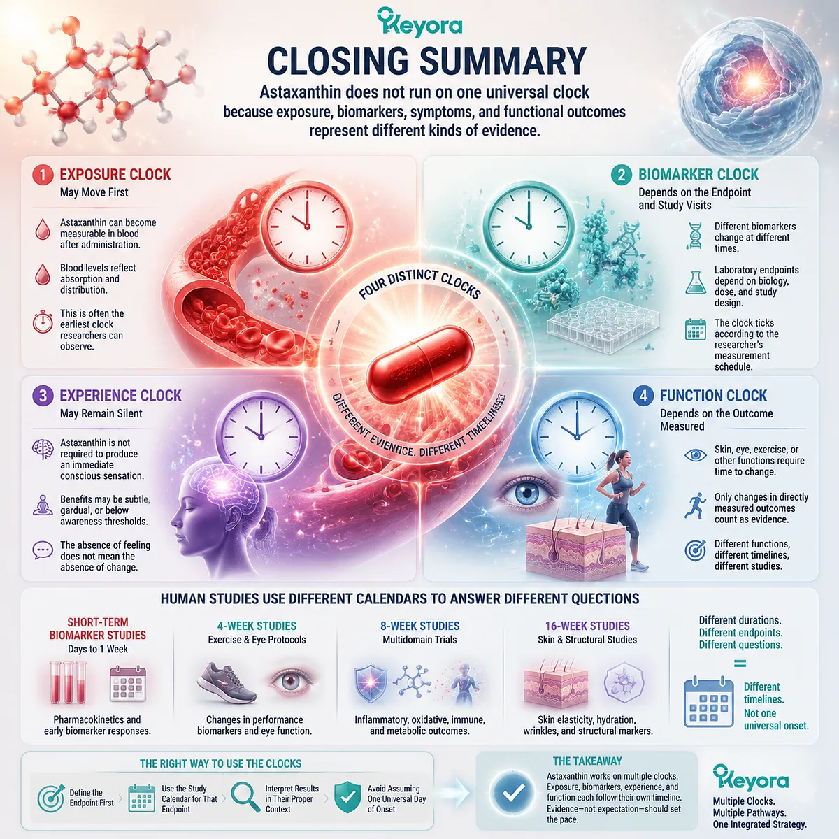 Astaxanthin effects follow separate exposure, biomarker, experience and function timelines, organized through the Keyora Four Clock Reassessment framework for evidence interpretation. Astaxanthin effects follow separate exposure, biomarker, experience and function timelines, organized through the Keyora Four Clock Reassessment framework for evidence interpretation.