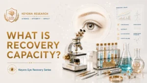 Keyora Research cover infographic titled "What is Recovery Capacity?" featuring a microscopic eye view, laboratory equipment including a microscope, test tubes, and flasks, alongside neuroscience research data graphics.