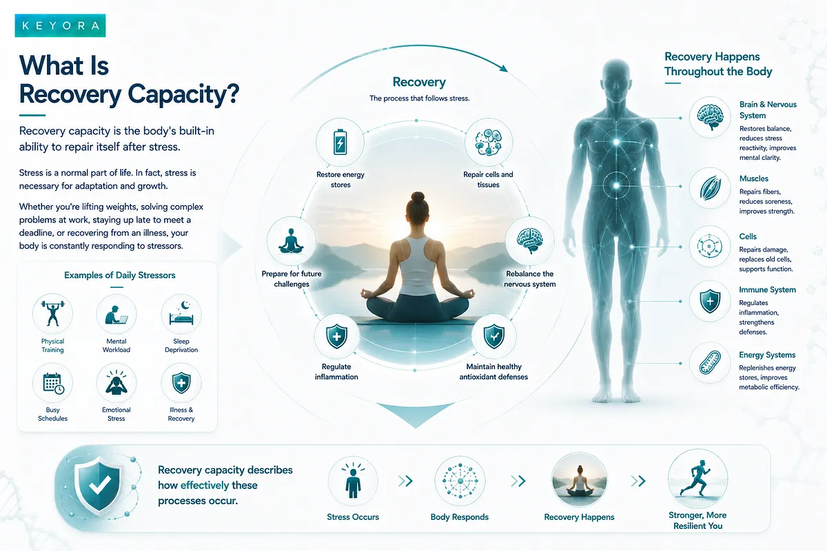 A KEYORA infographic titled "What Is Recovery Capacity?" explaining how the body repairs itself after stress, showing daily stressors like physical training and sleep deprivation, cyclic recovery processes, and bodily impacts on the brain, muscles, immune system, and energy systems. A KEYORA infographic titled "What Is Recovery Capacity?" explaining how the body repairs itself after stress, showing daily stressors like physical training and sleep deprivation, cyclic recovery processes, and bodily impacts on the brain, muscles, immune system, and energy systems.
