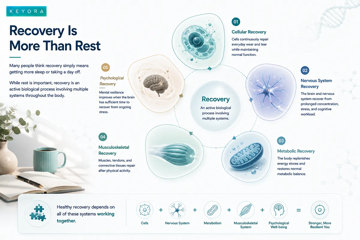 A KEYORA infographic titled "Recovery Is More Than Rest" breaking down recovery into five interconnected systems: cellular, nervous system, metabolic, musculoskeletal, and psychological recovery. A KEYORA infographic titled "Recovery Is More Than Rest" breaking down recovery into five interconnected systems: cellular, nervous system, metabolic, musculoskeletal, and psychological recovery.