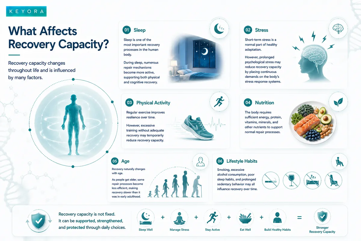 A KEYORA infographic outlining six key factors that affect recovery capacity: sleep, stress, physical activity, nutrition, age, and lifestyle habits like smoking or alcohol consumption. A KEYORA infographic outlining six key factors that affect recovery capacity: sleep, stress, physical activity, nutrition, age, and lifestyle habits like smoking or alcohol consumption.