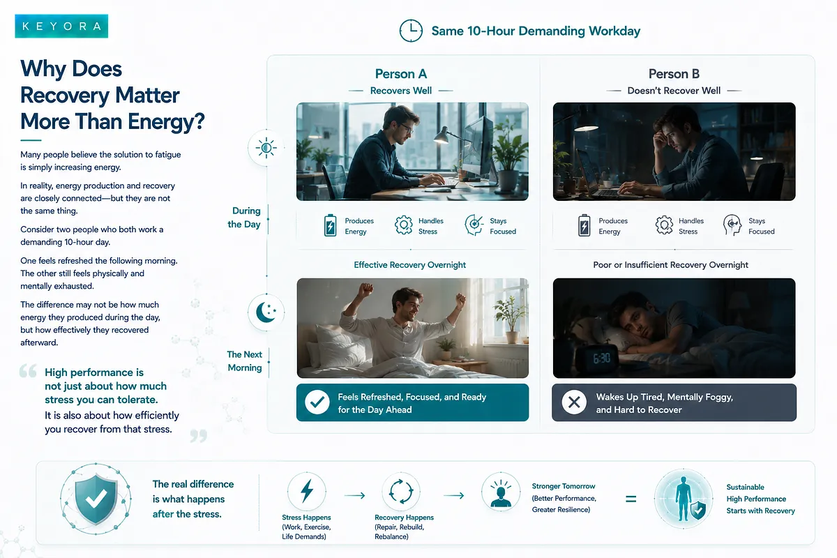 A KEYORA comparative infographic contrasting Person A (effective recovery overnight, waking refreshed) with Person B (poor recovery overnight, waking tired and brain-fogged) after the same 10-hour workday. A KEYORA comparative infographic contrasting Person A (effective recovery overnight, waking refreshed) with Person B (poor recovery overnight, waking tired and brain-fogged) after the same 10-hour workday.