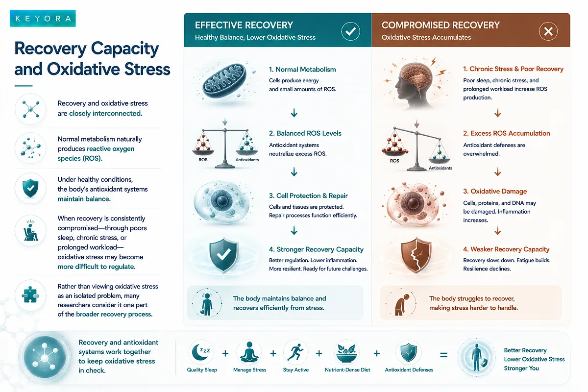 A KEYORA diagram illustrating the link between recovery capacity and oxidative stress, comparing effective recovery (balanced ROS levels and cell protection) with compromised recovery (excess ROS accumulation and oxidative damage). A KEYORA diagram illustrating the link between recovery capacity and oxidative stress, comparing effective recovery (balanced ROS levels and cell protection) with compromised recovery (excess ROS accumulation and oxidative damage).