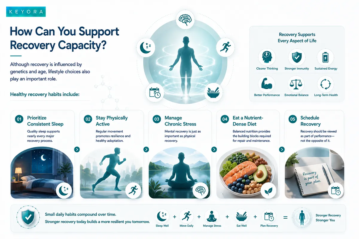 A KEYORA actionable infographic showing five ways to support recovery capacity: prioritizing consistent sleep, staying active, managing chronic stress, eating a nutrient-dense diet, and scheduling recovery as part of daily life. A KEYORA actionable infographic showing five ways to support recovery capacity: prioritizing consistent sleep, staying active, managing chronic stress, eating a nutrient-dense diet, and scheduling recovery as part of daily life.