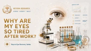 Keyora Research cover infographic titled "Why Are My Eyes So Tired After Work?" featuring a detailed eye visual, laboratory equipment including a microscope, test tubes, and flasks, along with neuroscience and eye strain research data charts.