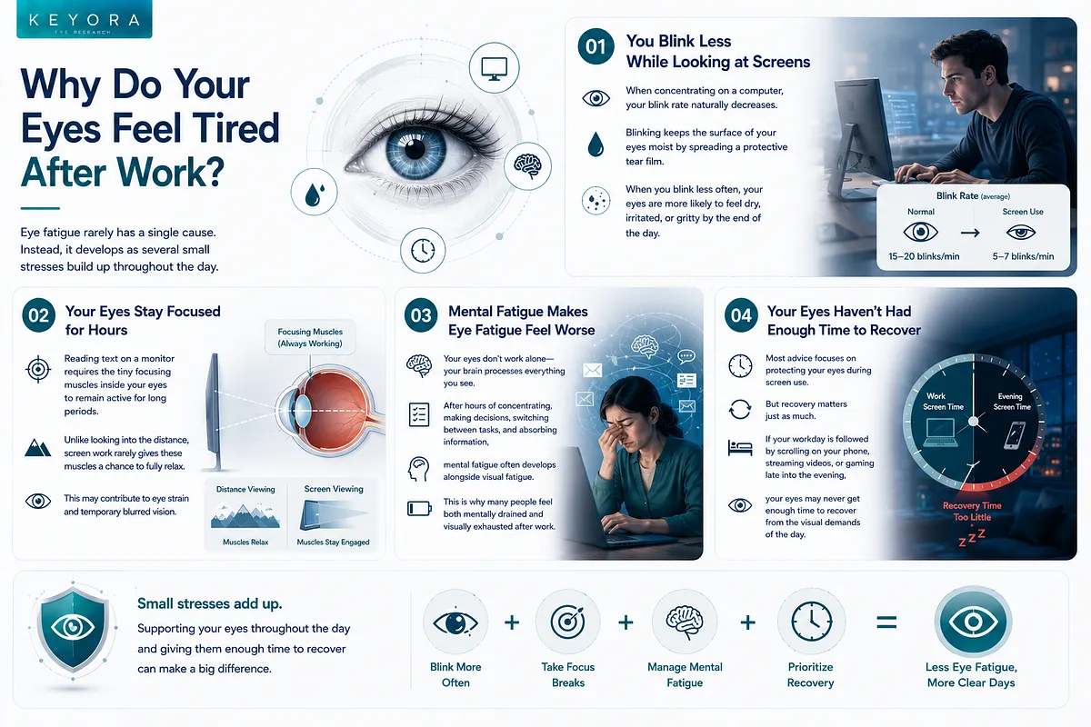 Keyora Eye Research infographic explaining why eyes feel tired after work, listing causes like reduced blinking rate, continuous focusing, mental fatigue, and lack of recovery time. Keyora Eye Research infographic explaining why eyes feel tired after work, listing causes like reduced blinking rate, continuous focusing, mental fatigue, and lack of recovery time.