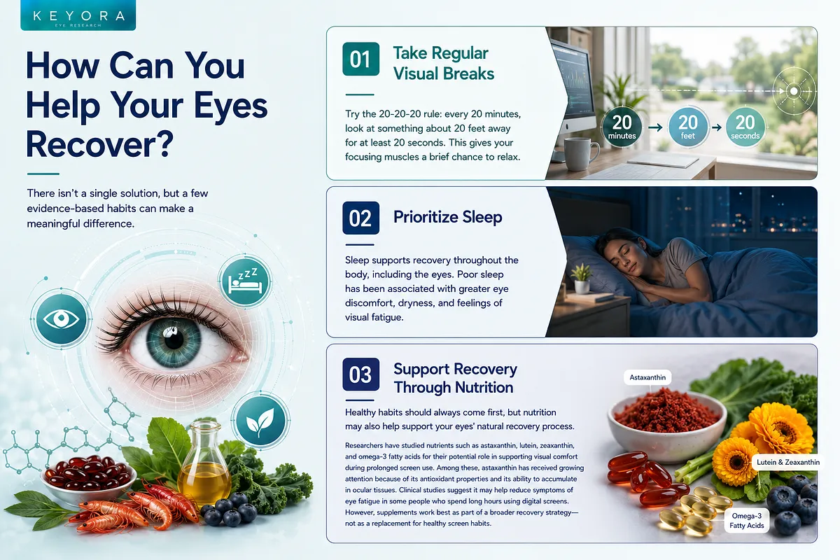 Keyora infographic outlining three ways to help eyes recover: taking regular 20-20-20 visual breaks, prioritizing quality sleep, and supporting eye health with nutrition like astaxanthin, lutein, zeaxanthin, and omega-3s. Keyora infographic outlining three ways to help eyes recover: taking regular 20-20-20 visual breaks, prioritizing quality sleep, and supporting eye health with nutrition like astaxanthin, lutein, zeaxanthin, and omega-3s.