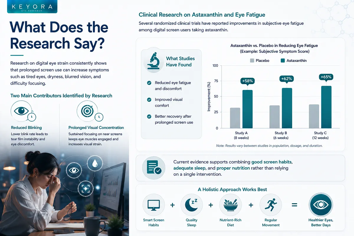 Keyora infographic showing clinical research on astaxanthin for eye fatigue, featuring a bar chart demonstrating a 58% to 65% improvement in subjective eye strain scores across studies, combined with smart screen habits and sleep. Keyora infographic showing clinical research on astaxanthin for eye fatigue, featuring a bar chart demonstrating a 58% to 65% improvement in subjective eye strain scores across studies, combined with smart screen habits and sleep.