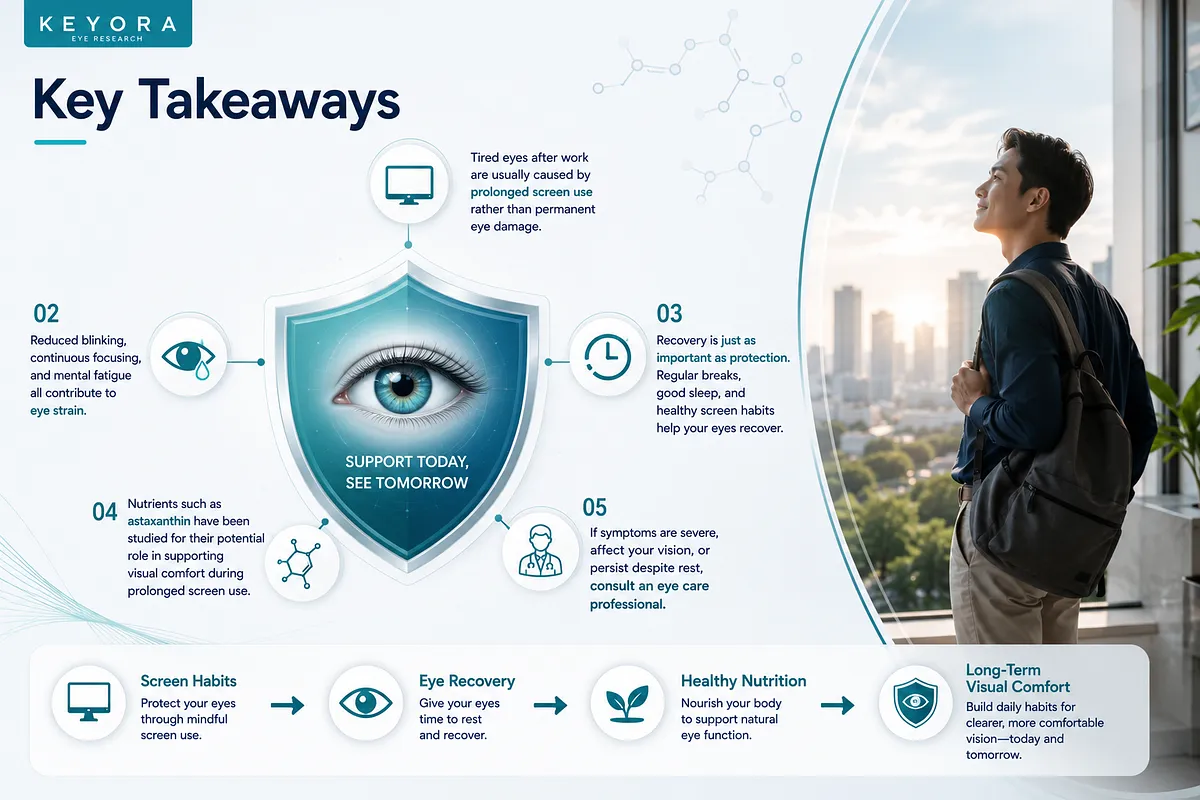 Keyora summary infographic detailing key takeaways for long-term visual comfort, emphasizing screen habits, eye recovery, healthy nutrition, and consulting eye care professionals when needed. Keyora summary infographic detailing key takeaways for long-term visual comfort, emphasizing screen habits, eye recovery, healthy nutrition, and consulting eye care professionals when needed.