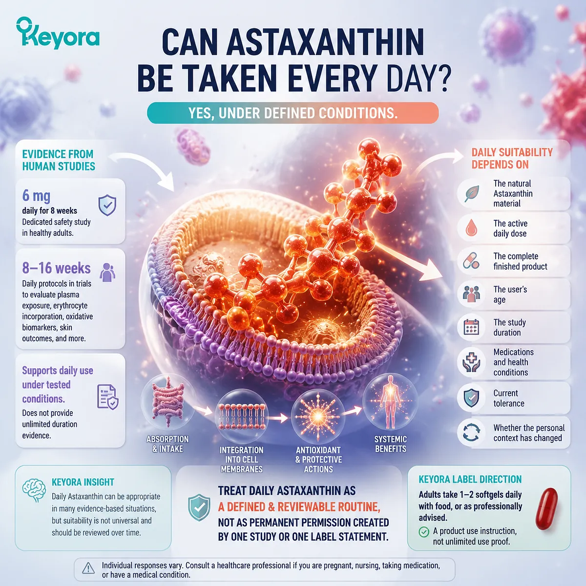 Astaxanthin daily use safety depends on dose, duration, product quality, and personal context, mapping human study evidence through Keyora Astaxanthin Matrix framework. Astaxanthin daily use safety depends on dose, duration, product quality, and personal context, mapping human study evidence through Keyora Astaxanthin Matrix framework.
