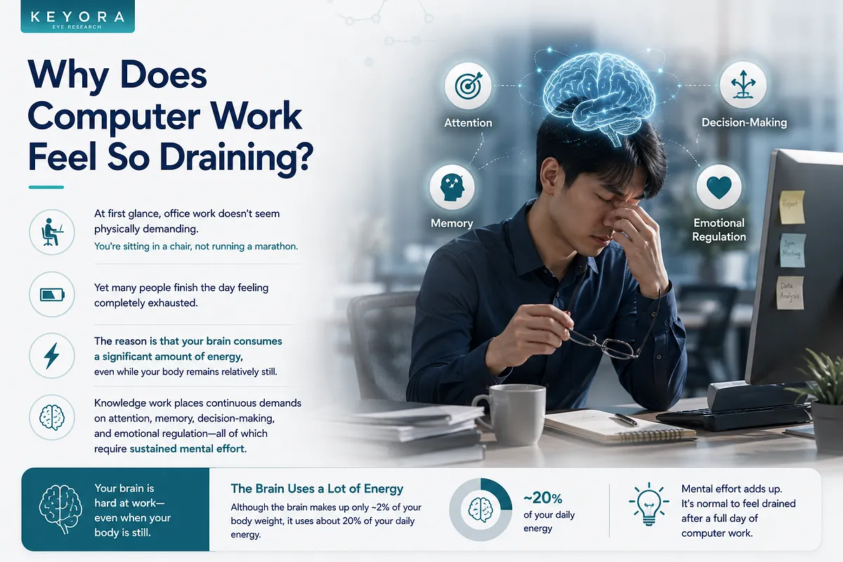 Infographic by KEYORA Eye Research showing a male office worker resting his eyes, explaining why computer work causes mental fatigue and how the brain uses about 20% of daily energy. Infographic by KEYORA Eye Research showing a male office worker resting his eyes, explaining why computer work causes mental fatigue and how the brain uses about 20% of daily energy.
