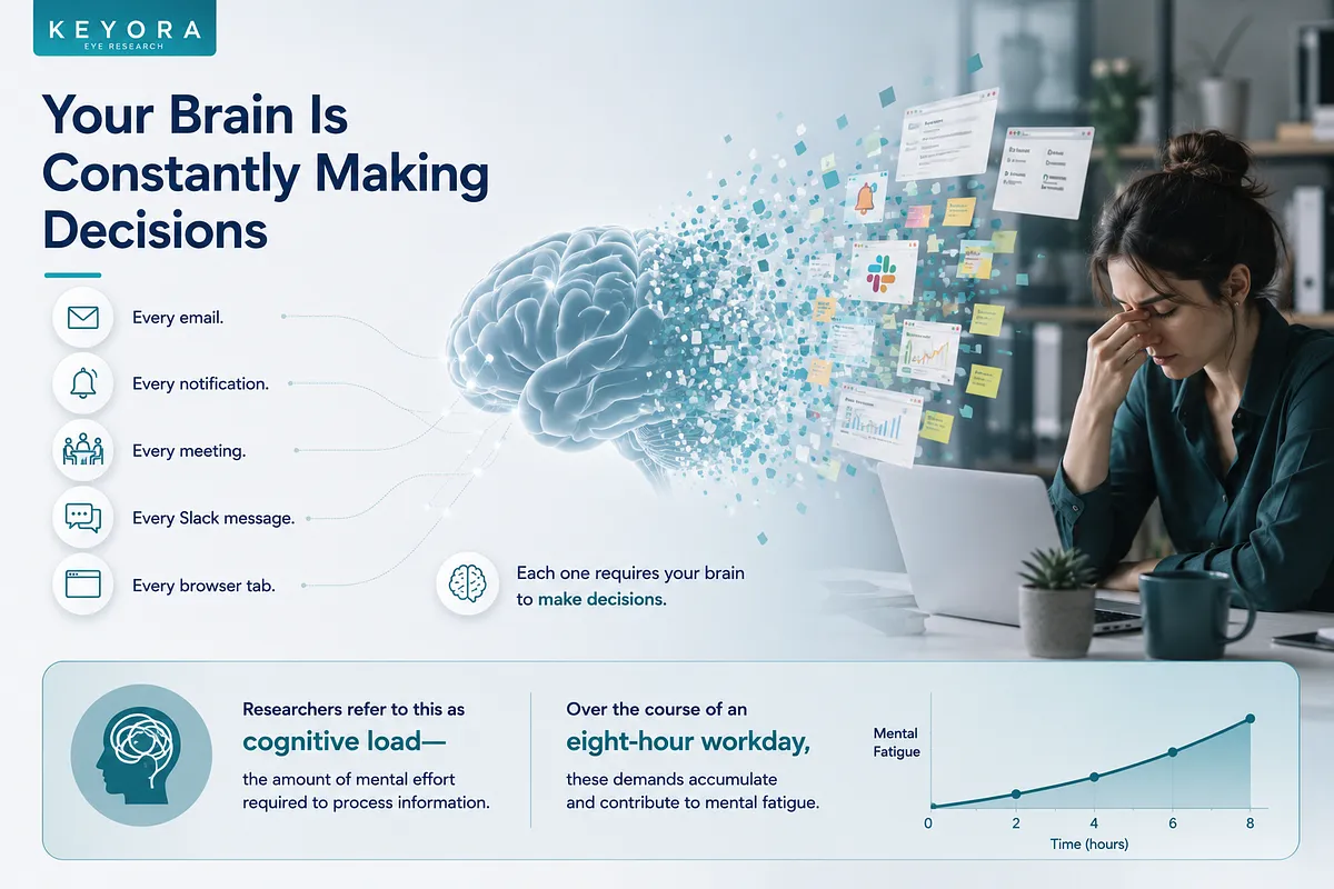 KEYORA visual diagram explaining cognitive load, depicting a brain graphic connected to digital demands like emails, notifications, meetings, Slack messages, and browser tabs. On the right, a stressed woman rubs her eyes in front of a laptop, accompanied by a line graph showing mental fatigue accumulating over an 8-hour workday. KEYORA visual diagram explaining cognitive load, depicting a brain graphic connected to digital demands like emails, notifications, meetings, Slack messages, and browser tabs. On the right, a stressed woman rubs her eyes in front of a laptop, accompanied by a line graph showing mental fatigue accumulating over an 8-hour workday.