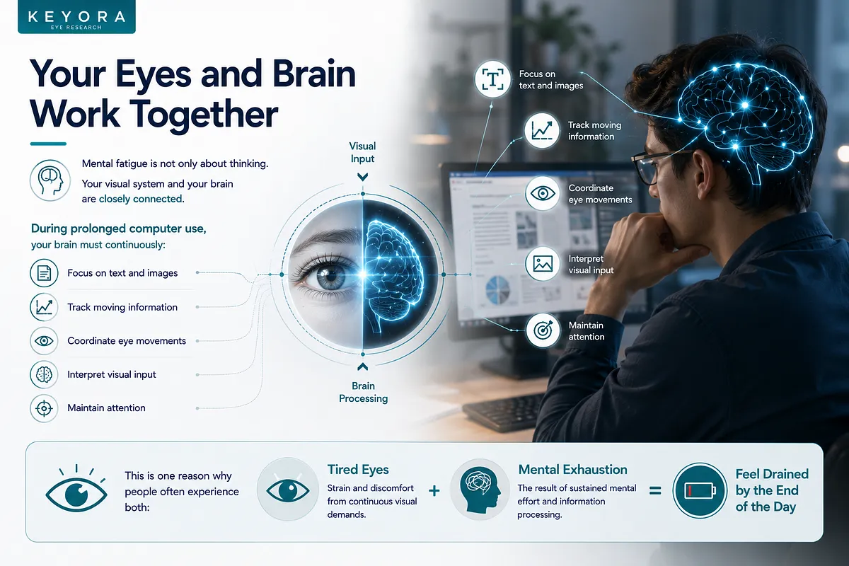 KEYORA Eye Research diagram illustrating how visual input and brain processing work together during screen time. A man looks at a monitor while a glowing brain graphic emphasizes tracking moving info, coordinating eye movements, and interpreting visual input, showing how tired eyes and mental exhaustion combined lead to feeling drained by the end of the day. KEYORA Eye Research diagram illustrating how visual input and brain processing work together during screen time. A man looks at a monitor while a glowing brain graphic emphasizes tracking moving info, coordinating eye movements, and interpreting visual input, showing how tired eyes and mental exhaustion combined lead to feeling drained by the end of the day.