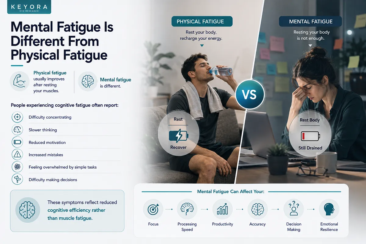 KEYORA infographic titled "Mental Fatigue Is Different From Physical Fatigue", featuring a split visual comparison. On the left, a man sitting on a sofa drinks water after exercise with a full battery icon representing physical recovery through body rest. On the right, a tired woman rubs the bridge of her nose in front of a computer screen with a low battery icon showing that physical rest is not enough for mental fatigue. The graphic details symptoms of cognitive fatigue (e.g., difficulty concentrating, slower thinking, reduced motivation) and highlights how it affects focus, processing speed, productivity, accuracy, decision-making, and emotional resilience. KEYORA infographic titled "Mental Fatigue Is Different From Physical Fatigue", featuring a split visual comparison. On the left, a man sitting on a sofa drinks water after exercise with a full battery icon representing physical recovery through body rest. On the right, a tired woman rubs the bridge of her nose in front of a computer screen with a low battery icon showing that physical rest is not enough for mental fatigue. The graphic details symptoms of cognitive fatigue (e.g., difficulty concentrating, slower thinking, reduced motivation) and highlights how it affects focus, processing speed, productivity, accuracy, decision-making, and emotional resilience.