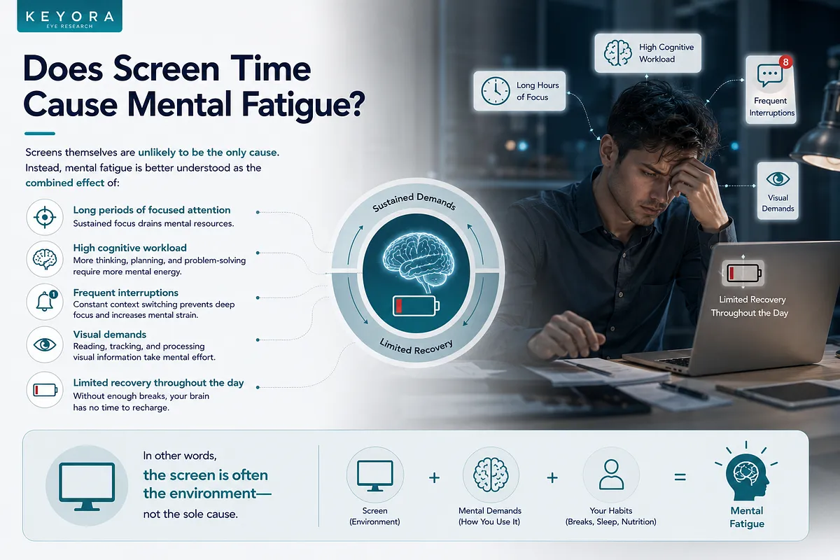 Infographic by KEYORA titled "Does Screen Time Cause Mental Fatigue?", featuring a tired man resting his forehead on his hand at a laptop surrounded by high cognitive workload icons. It breaks down contributing factors such as long focus hours, frequent interruptions, visual demands, and limited recovery time throughout the day. Infographic by KEYORA titled "Does Screen Time Cause Mental Fatigue?", featuring a tired man resting his forehead on his hand at a laptop surrounded by high cognitive workload icons. It breaks down contributing factors such as long focus hours, frequent interruptions, visual demands, and limited recovery time throughout the day.