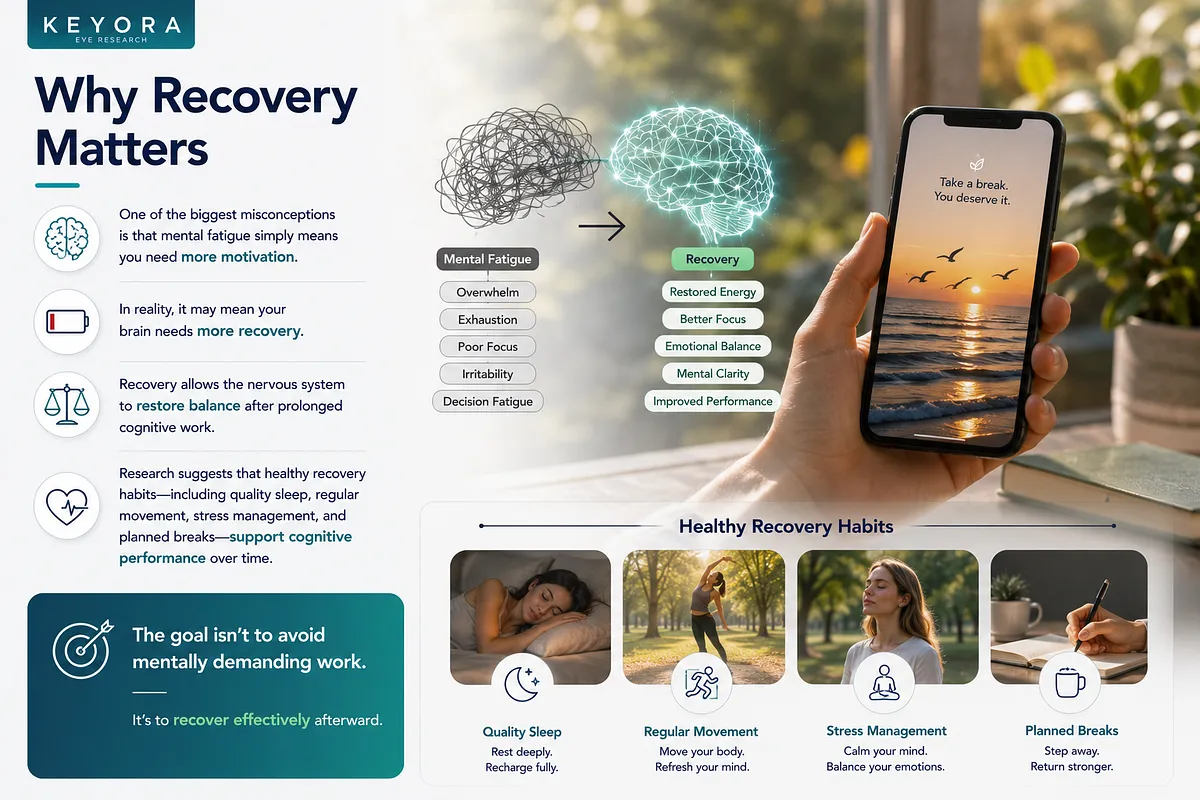 KEYORA graphic titled "Why Recovery Matters", featuring a person holding a smartphone displaying a calming sunset beach wallpaper. It compares mental fatigue symptoms (overwhelm, exhaustion, poor focus) with recovery benefits (restored energy, emotional balance, mental clarity) and highlights healthy habits like quality sleep, regular movement, stress management, and planned breaks. KEYORA graphic titled "Why Recovery Matters", featuring a person holding a smartphone displaying a calming sunset beach wallpaper. It compares mental fatigue symptoms (overwhelm, exhaustion, poor focus) with recovery benefits (restored energy, emotional balance, mental clarity) and highlights healthy habits like quality sleep, regular movement, stress management, and planned breaks.