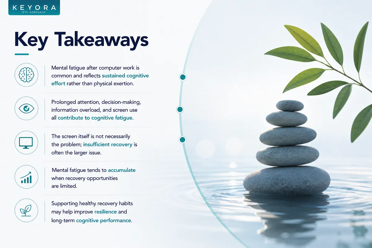 KEYORA Key Takeaways summary slide featuring balanced zen stones on water next to a green leafy branch. The text summarizes core insights on cognitive fatigue, screen use, cumulative fatigue, and how healthy recovery habits support long-term resilience and cognitive performance. KEYORA Key Takeaways summary slide featuring balanced zen stones on water next to a green leafy branch. The text summarizes core insights on cognitive fatigue, screen use, cumulative fatigue, and how healthy recovery habits support long-term resilience and cognitive performance.