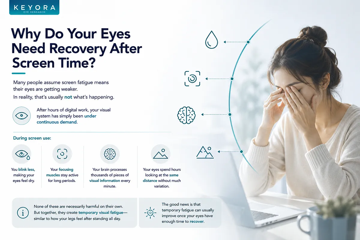 KEYORA Eye Research infographic titled "Why Do Your Eyes Need Recovery After Screen Time?", featuring a woman sitting at a laptop covering her eyes in fatigue. The visual details the physiological causes of temporary visual fatigue, including reduced blinking rate, overworked focusing muscles, heavy visual information processing by the brain, and prolonged fixed-distance staring. KEYORA Eye Research infographic titled "Why Do Your Eyes Need Recovery After Screen Time?", featuring a woman sitting at a laptop covering her eyes in fatigue. The visual details the physiological causes of temporary visual fatigue, including reduced blinking rate, overworked focusing muscles, heavy visual information processing by the brain, and prolonged fixed-distance staring.