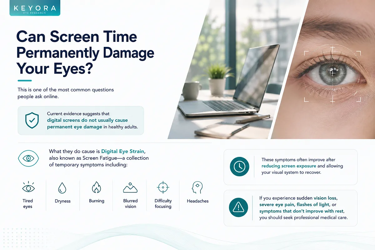 KEYORA infographic asking "Can Screen Time Permanently Damage Your Eyes?", showing a close-up shot of a human eye alongside a laptop setup. It highlights that digital screens do not typically cause permanent damage in healthy adults, but result in Digital Eye Strain with symptoms like tired eyes, dryness, burning, blurred vision, difficulty focusing, and headaches. KEYORA infographic asking "Can Screen Time Permanently Damage Your Eyes?", showing a close-up shot of a human eye alongside a laptop setup. It highlights that digital screens do not typically cause permanent damage in healthy adults, but result in Digital Eye Strain with symptoms like tired eyes, dryness, burning, blurred vision, difficulty focusing, and headaches.