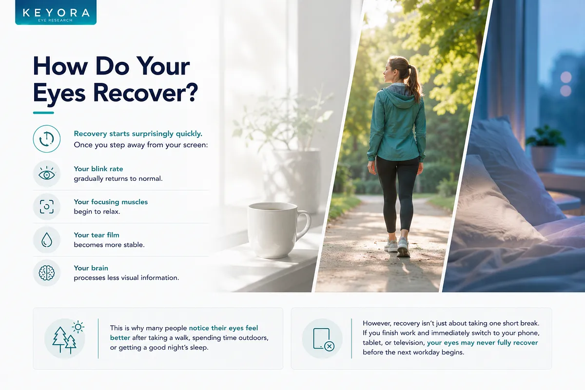 KEYORA infographic titled "How Do Your Eyes Recover?", featuring imagery of a window scene with a coffee mug, a woman walking outdoors in nature, and a cozy bedroom environment. The diagram explains the natural recovery process when stepping away from screens: normalized blink rate, relaxed focusing muscles, stable tear film, and reduced visual processing by the brain. KEYORA infographic titled "How Do Your Eyes Recover?", featuring imagery of a window scene with a coffee mug, a woman walking outdoors in nature, and a cozy bedroom environment. The diagram explains the natural recovery process when stepping away from screens: normalized blink rate, relaxed focusing muscles, stable tear film, and reduced visual processing by the brain.