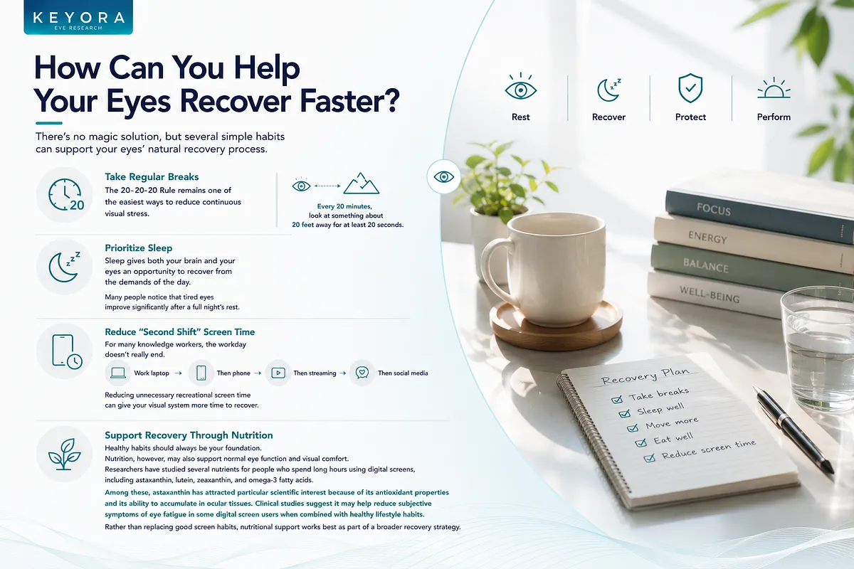 KEYORA infographic detailing practical tips for faster eye recovery, set against a clean lifestyle background with a warm cup of coffee, a stack of wellness books, and a written recovery plan notebook. The guide recommends taking regular 20-20-20 breaks, prioritizing sleep, cutting down "second shift" screen time, and supporting ocular health through targeted nutrients like astaxanthin. KEYORA infographic detailing practical tips for faster eye recovery, set against a clean lifestyle background with a warm cup of coffee, a stack of wellness books, and a written recovery plan notebook. The guide recommends taking regular 20-20-20 breaks, prioritizing sleep, cutting down "second shift" screen time, and supporting ocular health through targeted nutrients like astaxanthin.