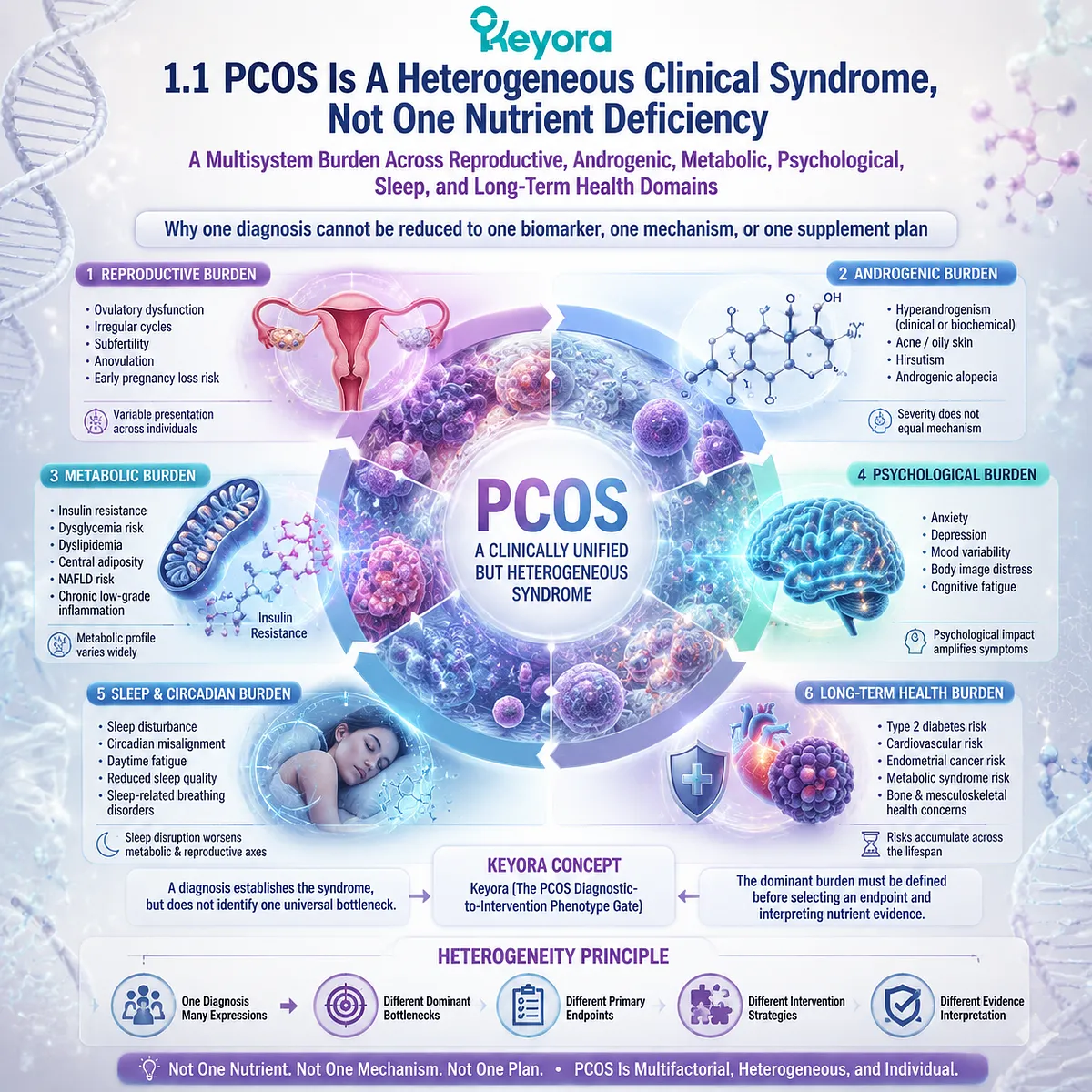 PCOS is a heterogeneous syndrome involving metabolic, androgen and reproductive pathways, requiring phenotype-based nutrition support through Keyora Diagnostic-to-Intervention Phenotype Gate PCOS is a heterogeneous syndrome involving metabolic, androgen and reproductive pathways, requiring phenotype-based nutrition support through Keyora Diagnostic-to-Intervention Phenotype Gate