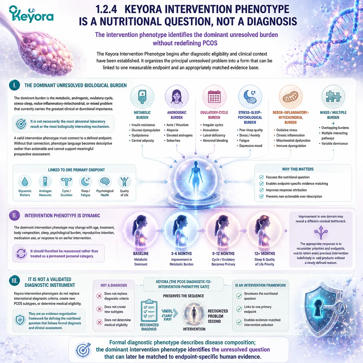 PCOS intervention phenotype maps metabolic, androgen, cycle, stress and redox burdens after diagnosis through Keyora Diagnostic-to-Intervention Phenotype Gate PCOS intervention phenotype maps metabolic, androgen, cycle, stress and redox burdens after diagnosis through Keyora Diagnostic-to-Intervention Phenotype Gate