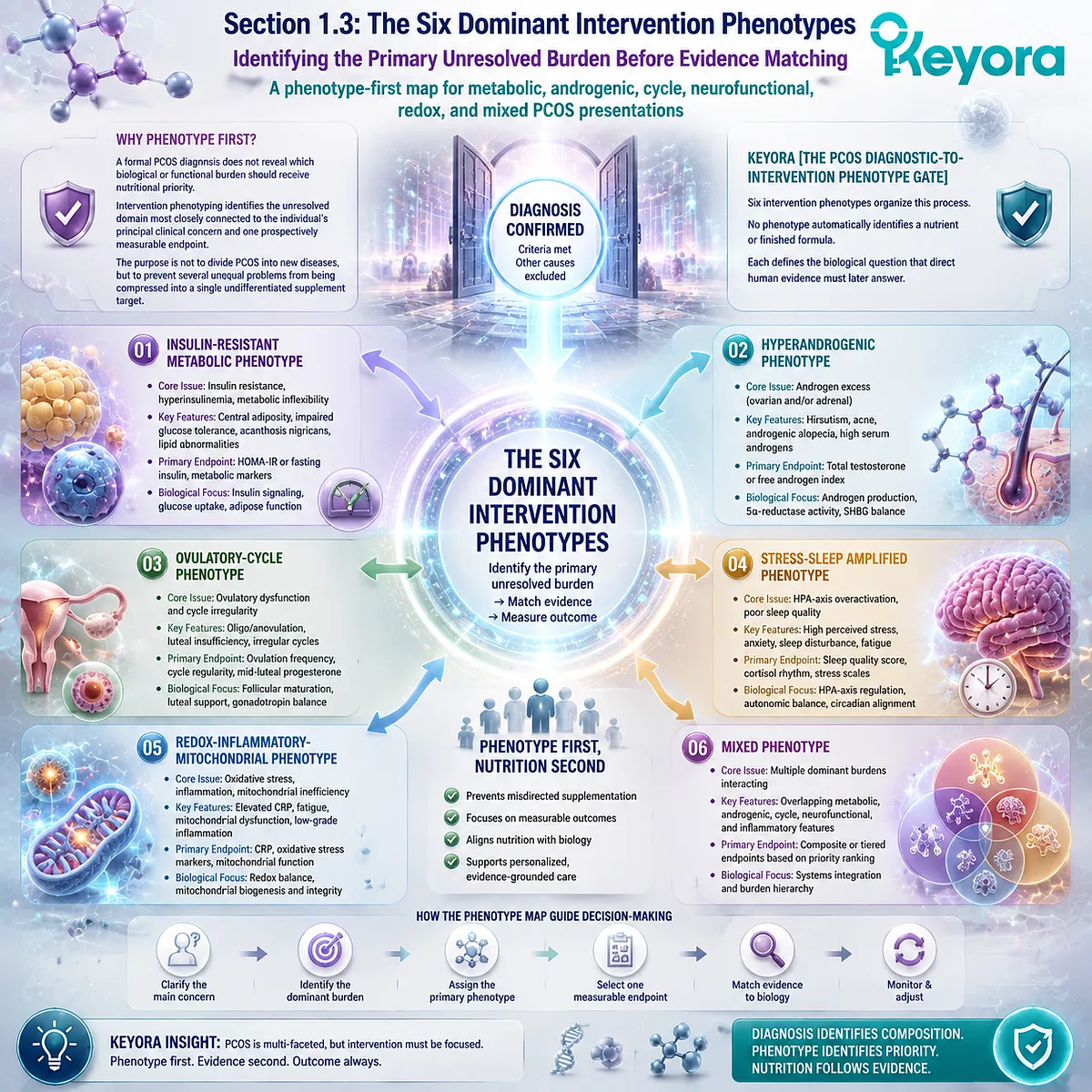 PCOS nutrition phenotypes classify metabolic, androgen, cycle, stress-sleep and mitochondrial burdens through Keyora Diagnostic-to-Intervention Phenotype Gate PCOS nutrition phenotypes classify metabolic, androgen, cycle, stress-sleep and mitochondrial burdens through Keyora Diagnostic-to-Intervention Phenotype Gate