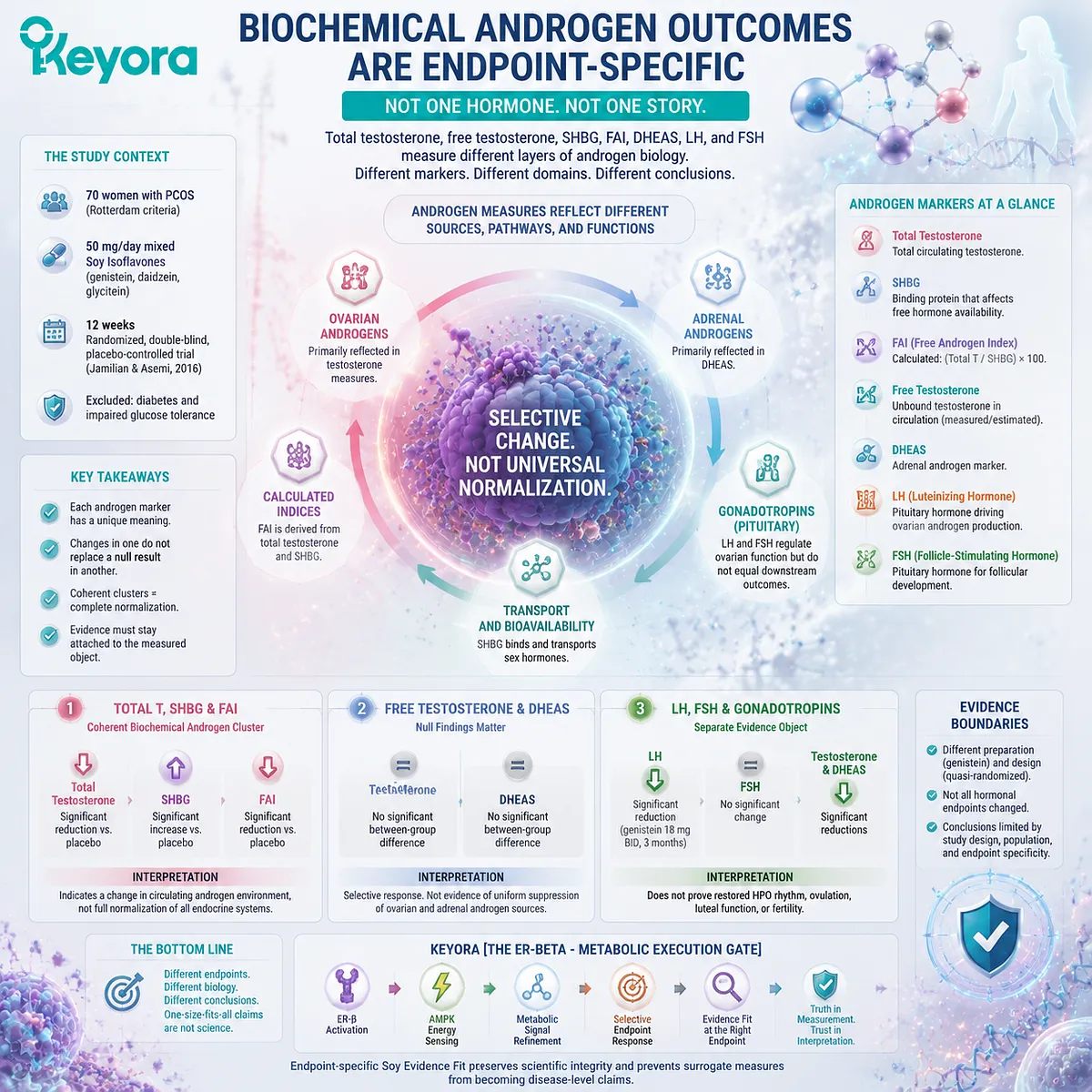 Soy isoflavones PCOS androgen evidence maps testosterone, SHBG, FAI, and ER-beta signaling with endpoint separation in Keyora ER-beta - Metabolic Execution Gate Soy isoflavones PCOS androgen evidence maps testosterone, SHBG, FAI, and ER-beta signaling with endpoint separation in Keyora ER-beta - Metabolic Execution Gate