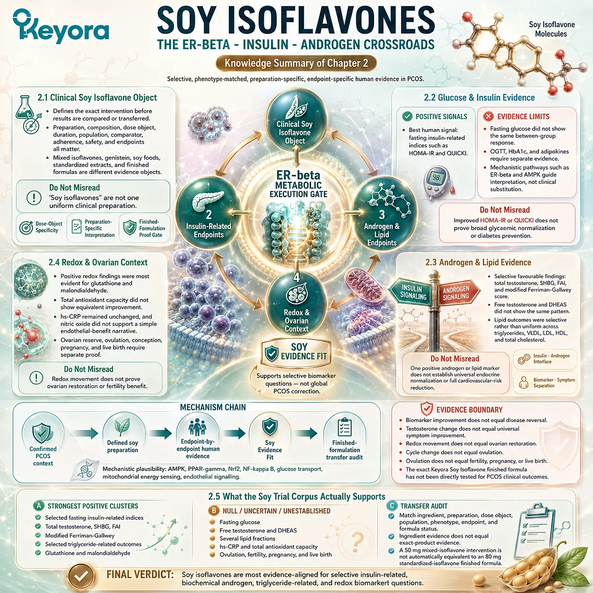 Soy isoflavones PCOS evidence summary maps ER-beta metabolic execution, insulin-androgen pathways, redox biomarkers, and Keyora ER-beta - Metabolic Execution Gate Soy isoflavones PCOS evidence summary maps ER-beta metabolic execution, insulin-androgen pathways, redox biomarkers, and Keyora ER-beta - Metabolic Execution Gate