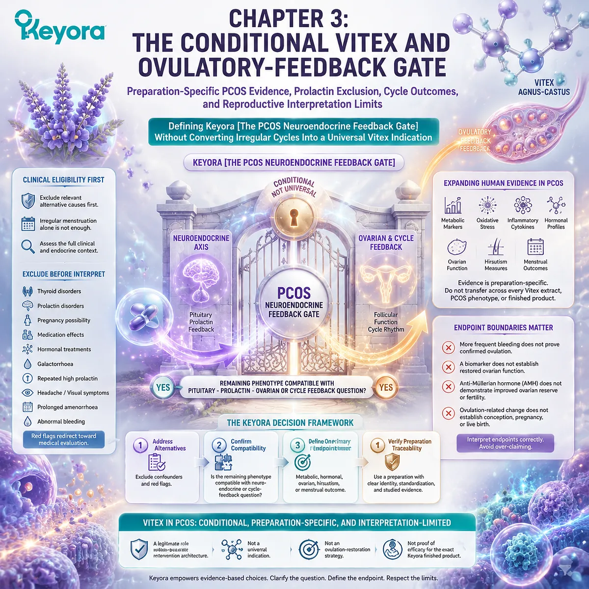 Vitex and PCOS cycle outcomes are interpreted through prolactin feedback, ovulatory signals, and preparation-specific evidence using the Keyora PCOS Neuroendocrine Feedback Gate framework. Vitex and PCOS cycle outcomes are interpreted through prolactin feedback, ovulatory signals, and preparation-specific evidence using the Keyora PCOS Neuroendocrine Feedback Gate framework.